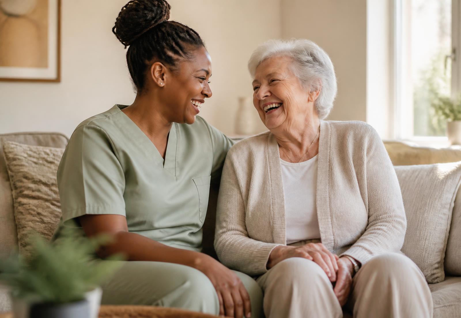 A caregiver and an older woman laughing together on a sofa in a sunlit living room