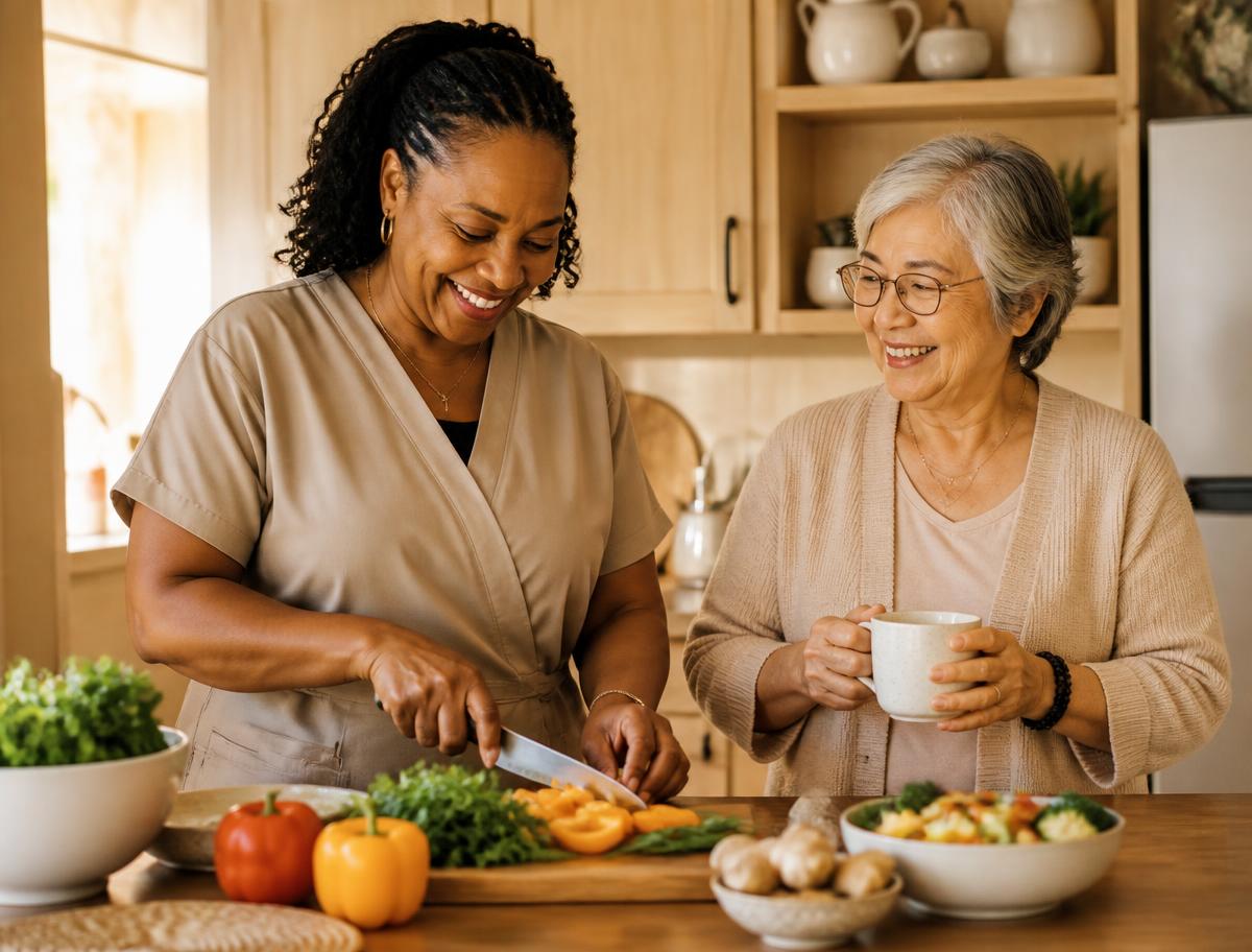 A caregiver preparing a fresh meal alongside a smiling older woman in a bright home kitchen