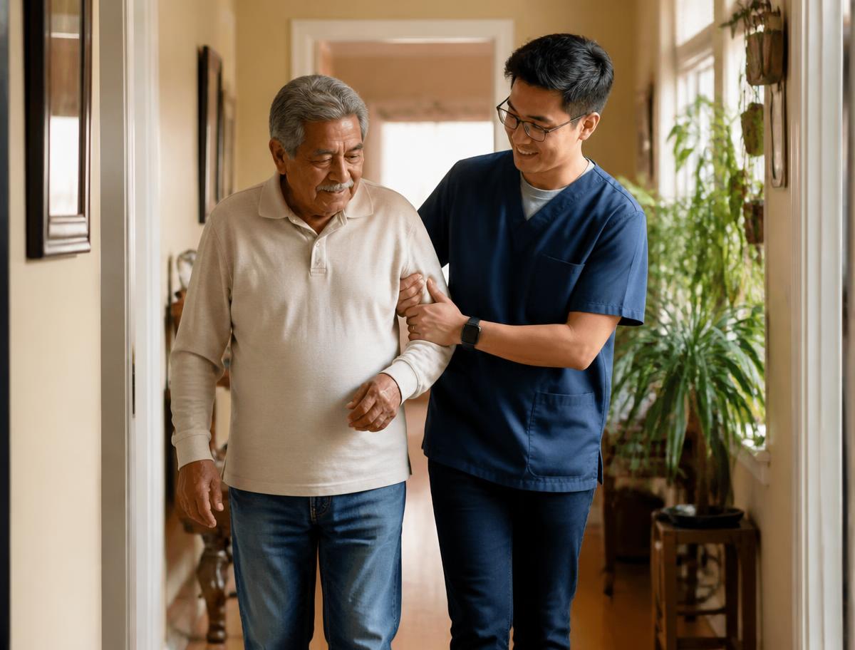 An older man walking safely down a hallway at home with a caregiver supporting his arm